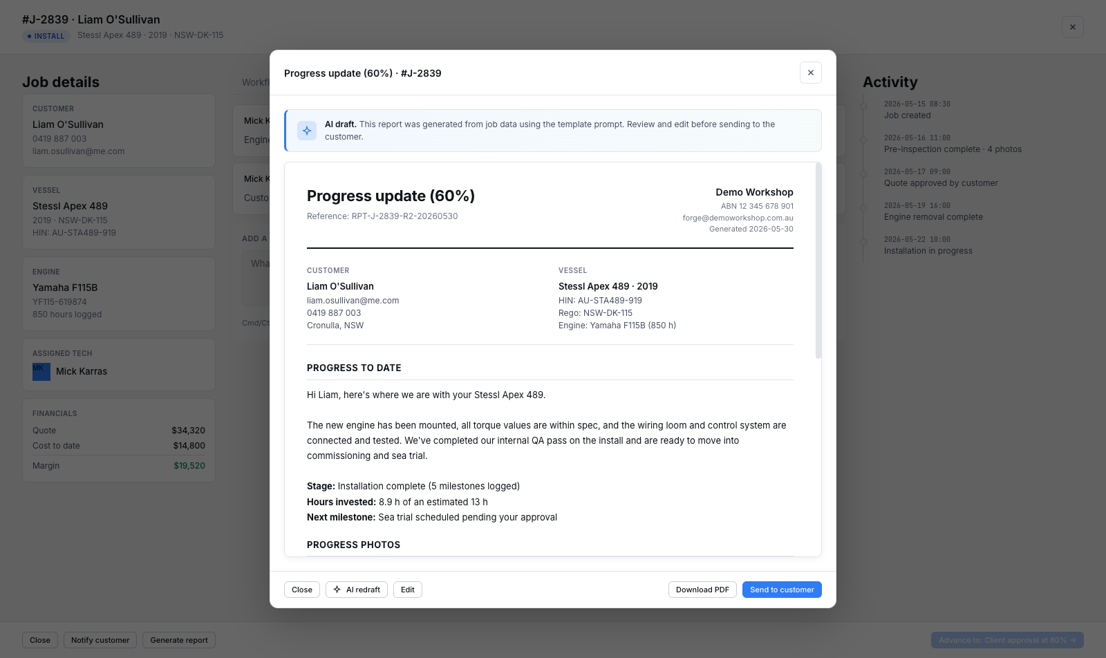 AI-drafted customer report