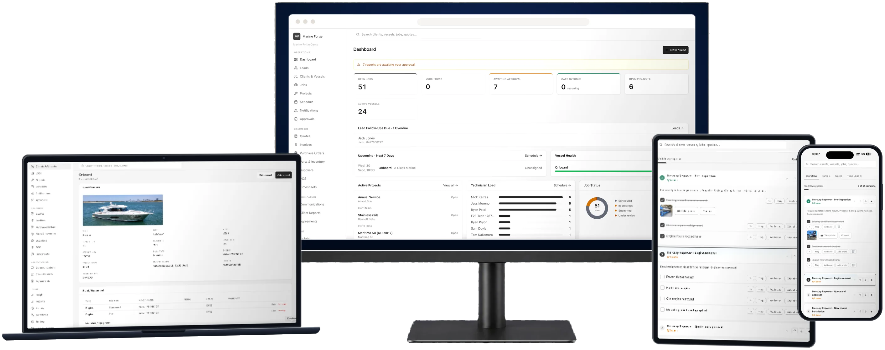 Marine Forge on a desktop display, laptop, workshop tablet and phone: dashboard, vessel record, technician workflow and job card