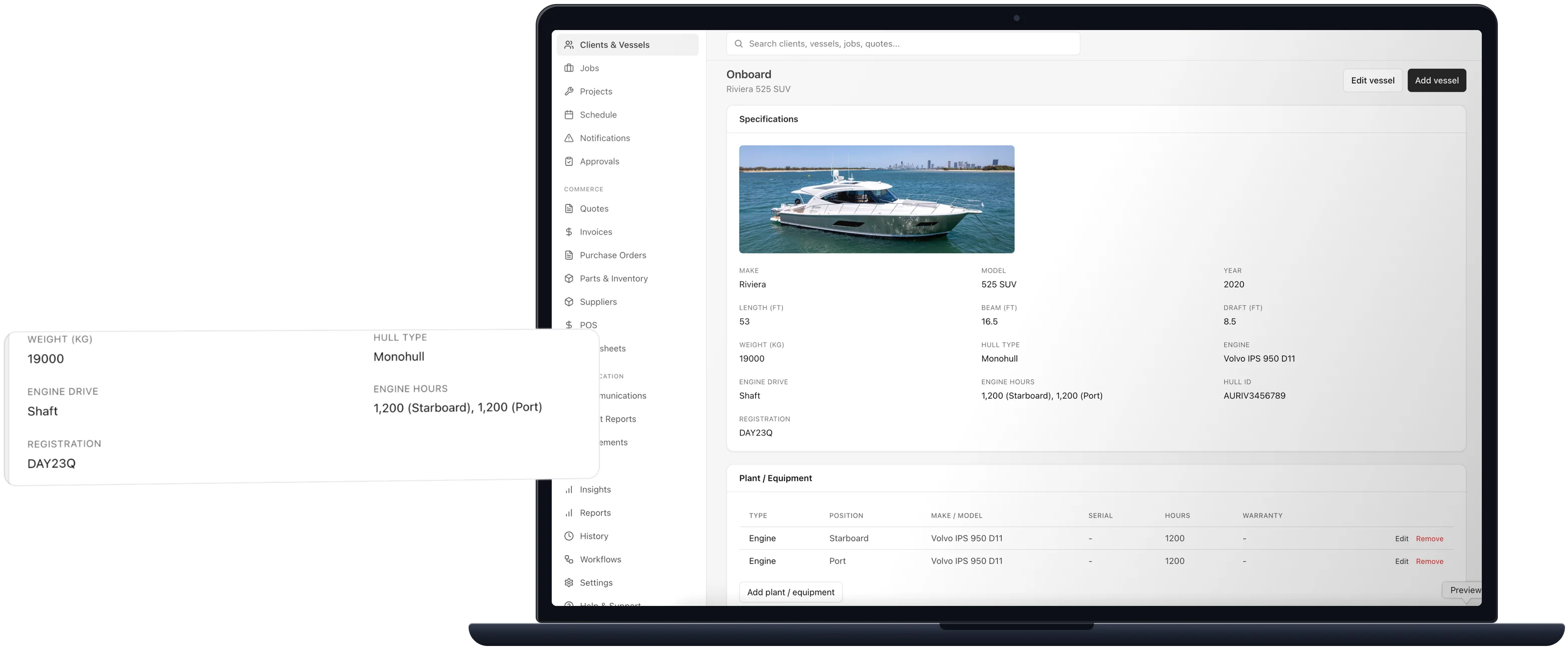 The client and vessel record with specifications on a laptop