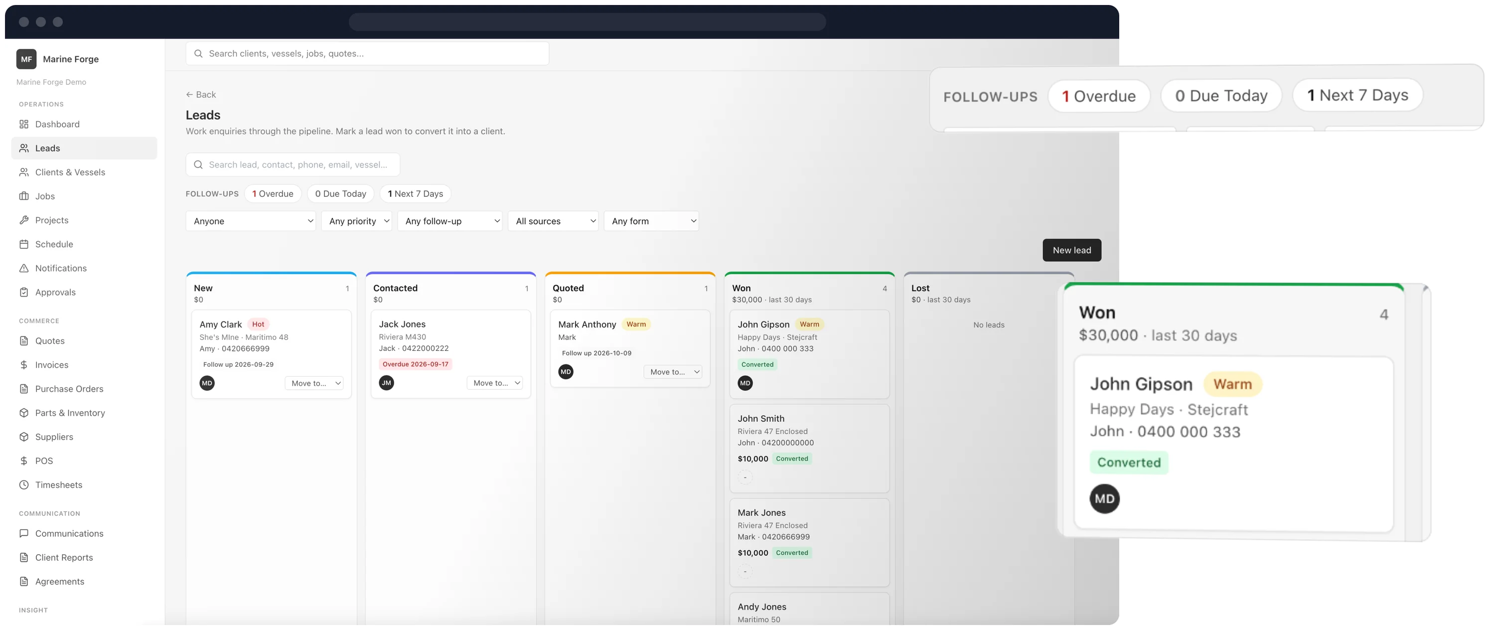 The leads board with follow ups and won leads highlighted