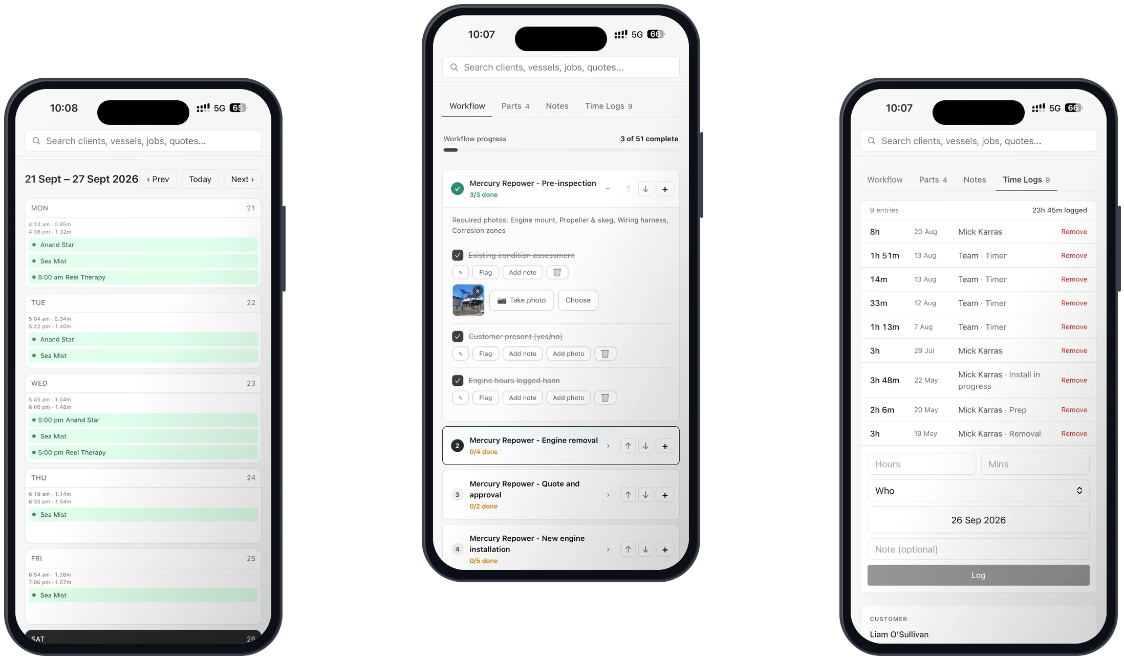 Schedule, job card and time logs on phones
