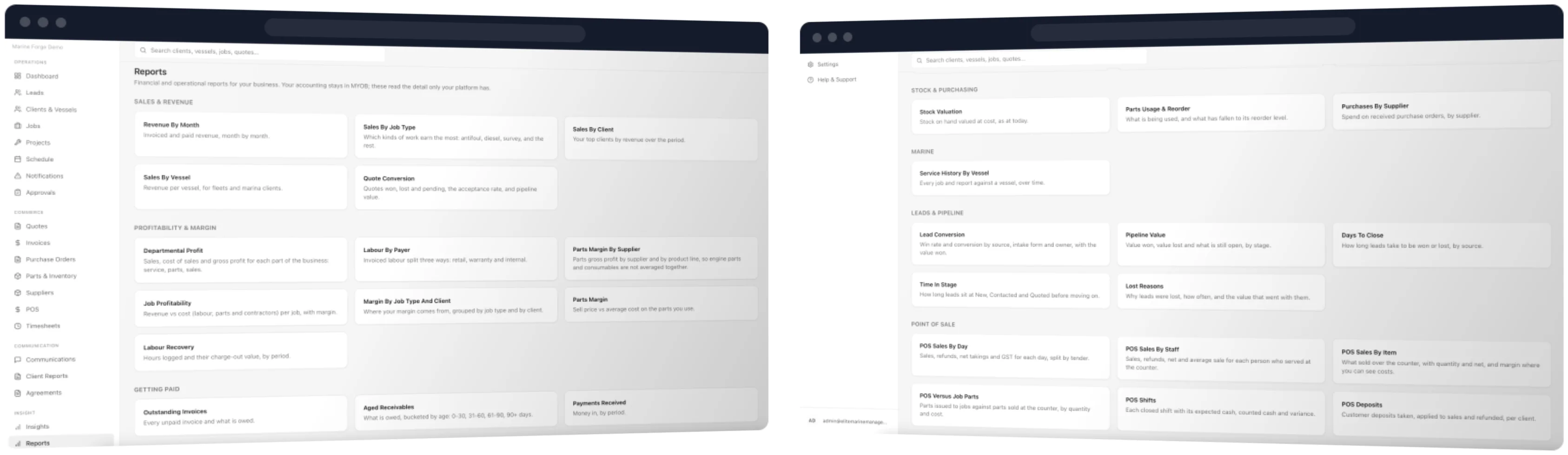 Reports: sales and revenue, profitability and margin, getting paid