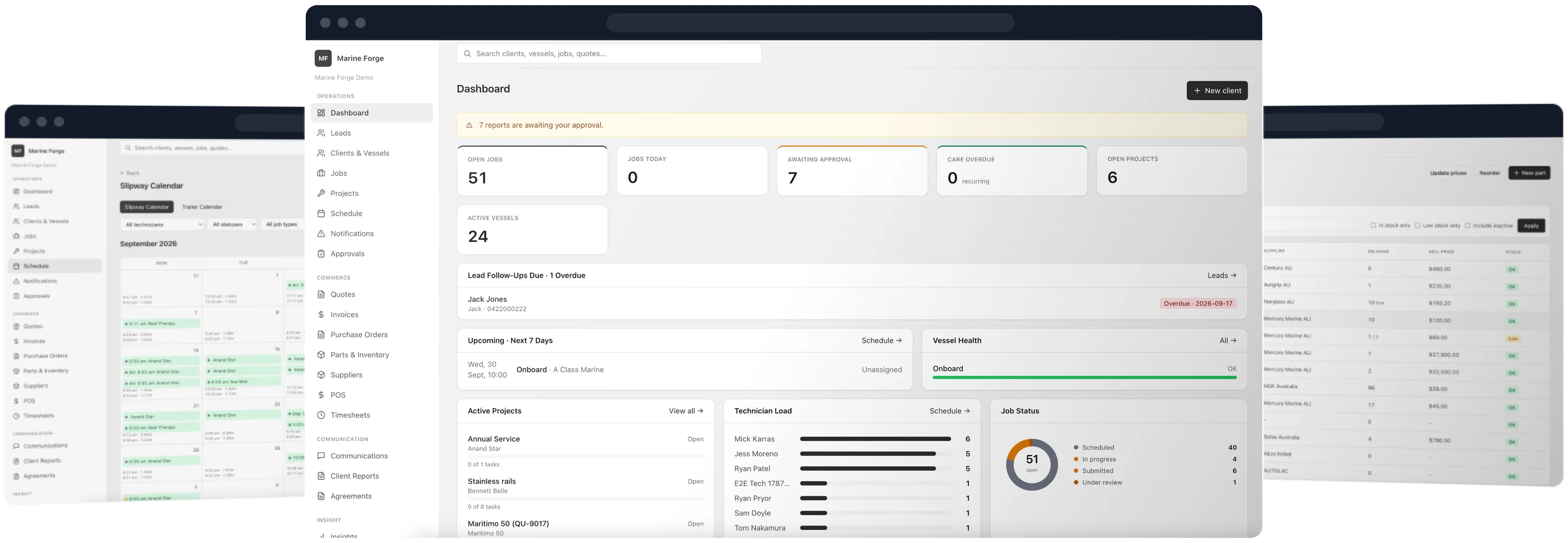 Dashboard, slipway calendar and client report across three screens